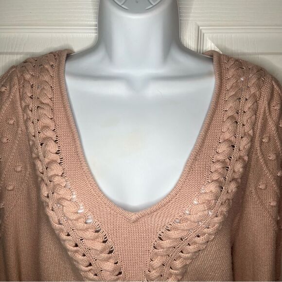 BCBGMaxAzria Bishop Sleeve Cable Knit Textured V-Neck Sweater Open Knit M Blush - Picture 5 of 11